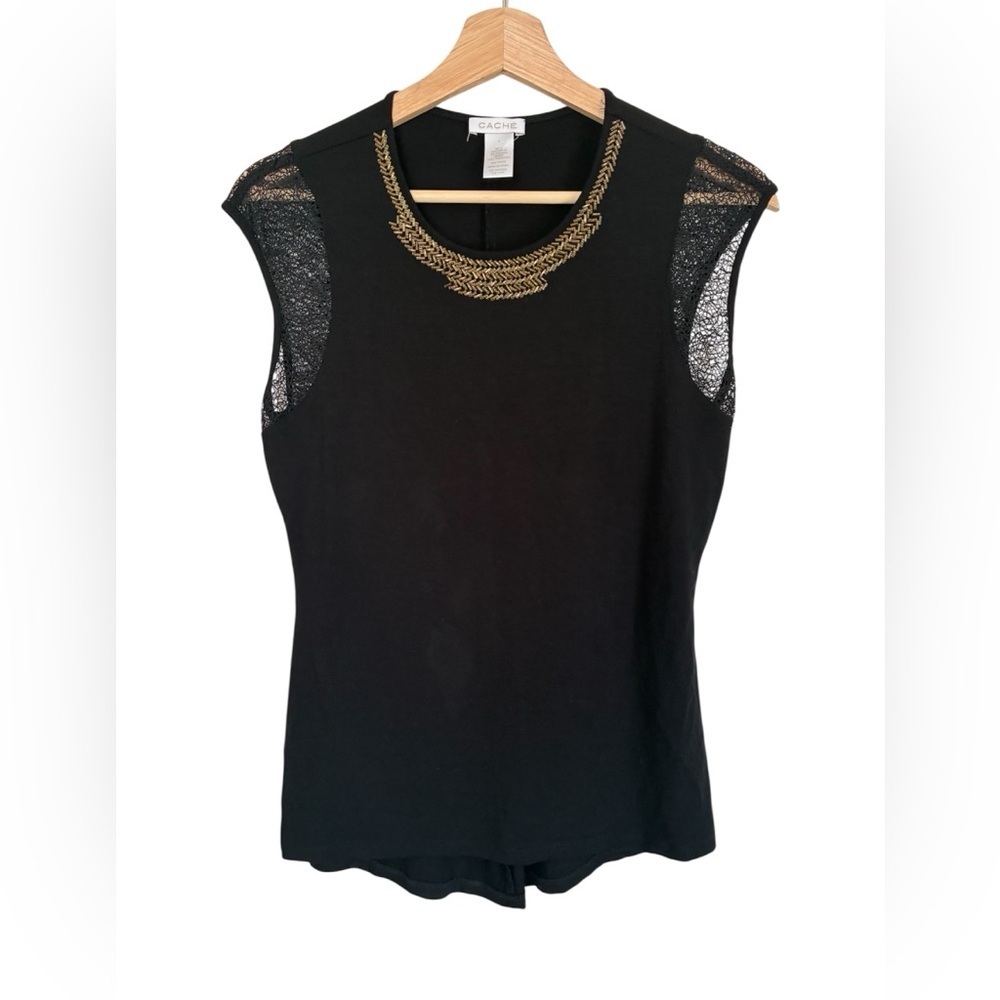 Vintage Y2K Cache Top Black Lace Detail Gold Beaded Sleeveless Size Whimsigoth